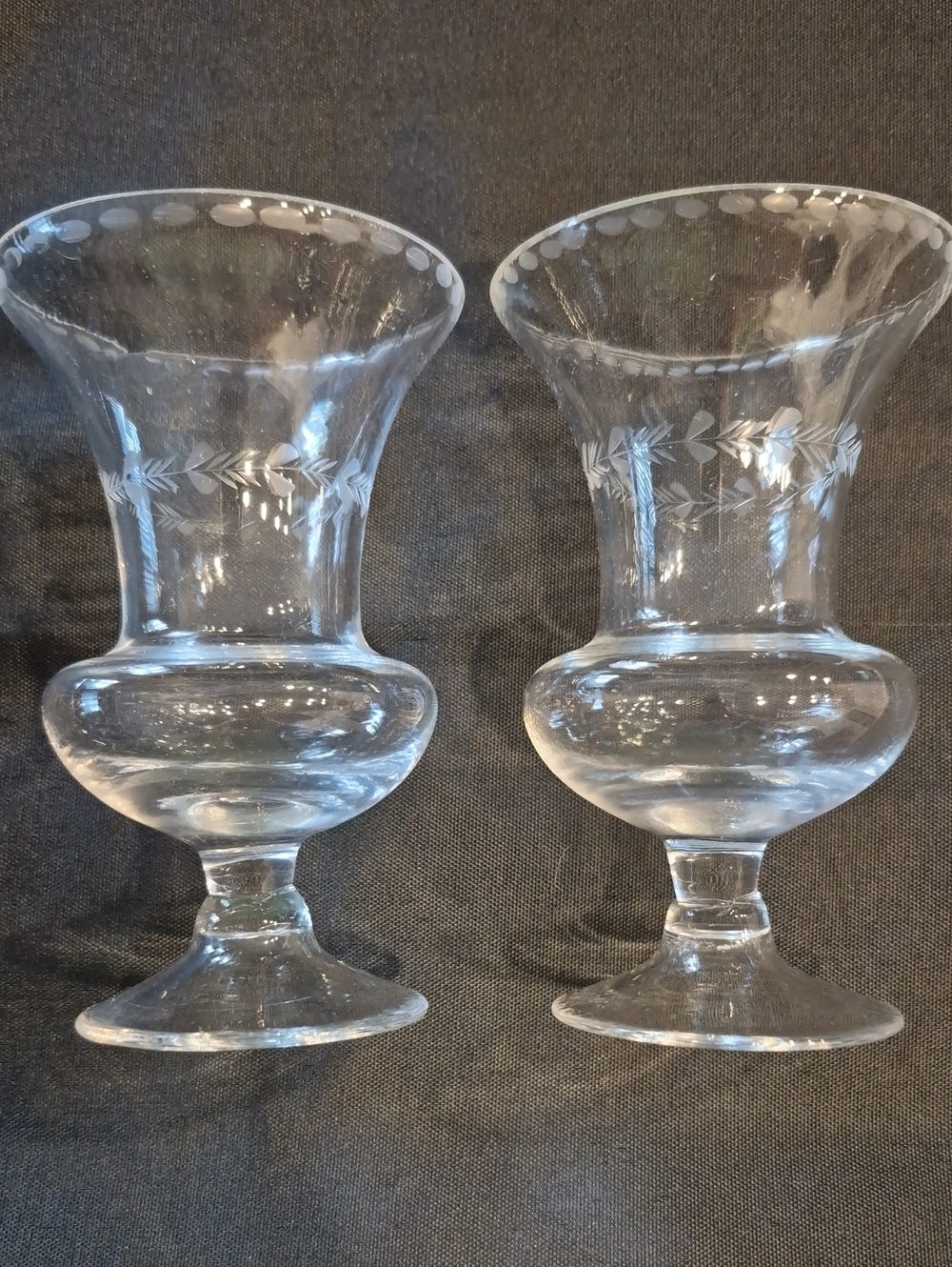 Vintage Crystal Etched Glass Pedestal Vases Set Of 2